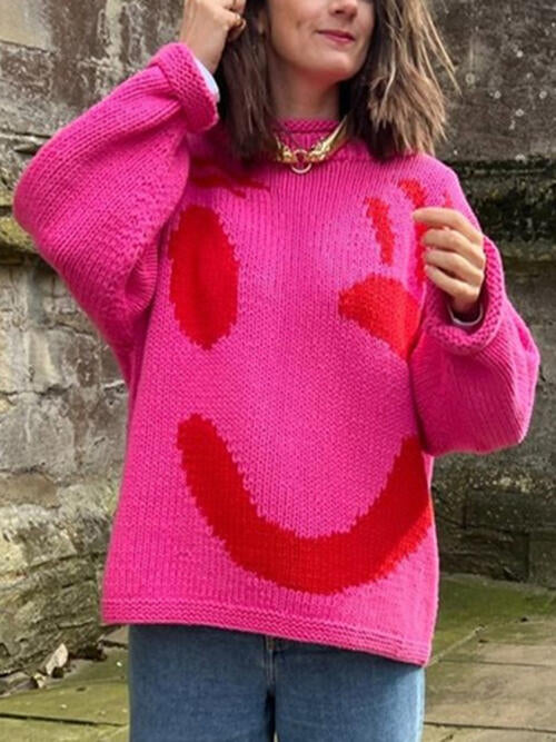 Knit Smiley Face Color Contrast Abstract Long Sleeve Oversized Pullover Sweater Top