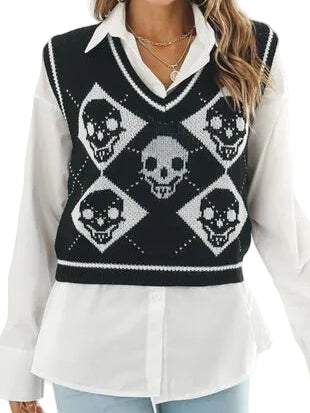 Skull Argyle V-Neck Boxy Knit Sweater Vest Contrast Stripe Sleeveless Pullover Top