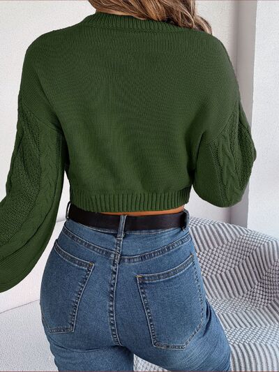 Waffle Cable Knit Crop Top Round Neck Long Sleeve Minimalist Sweater Shirt