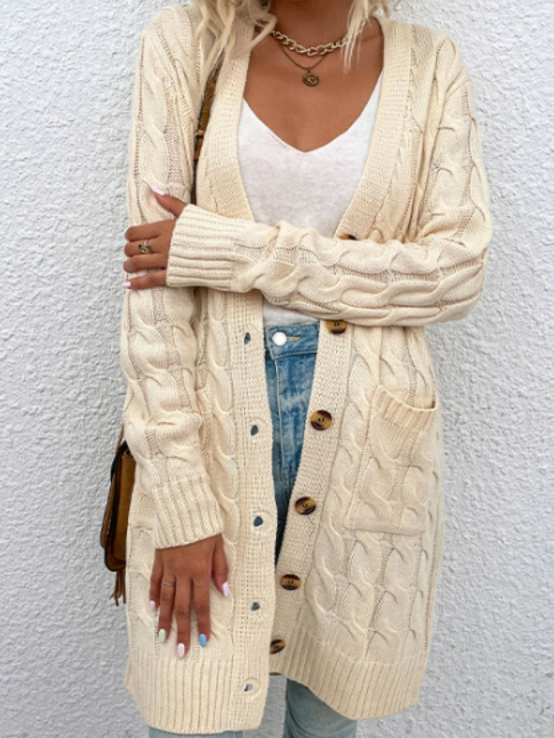 Chunky Cable-Knit Classic Button Front Long Cardigan with Pockets