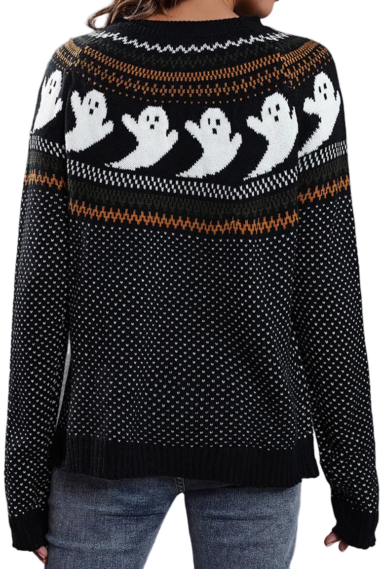 Ghost Fair Isle Nordic Crew Neck Top Long Sleeve Halloween Pullover Knit Sweater