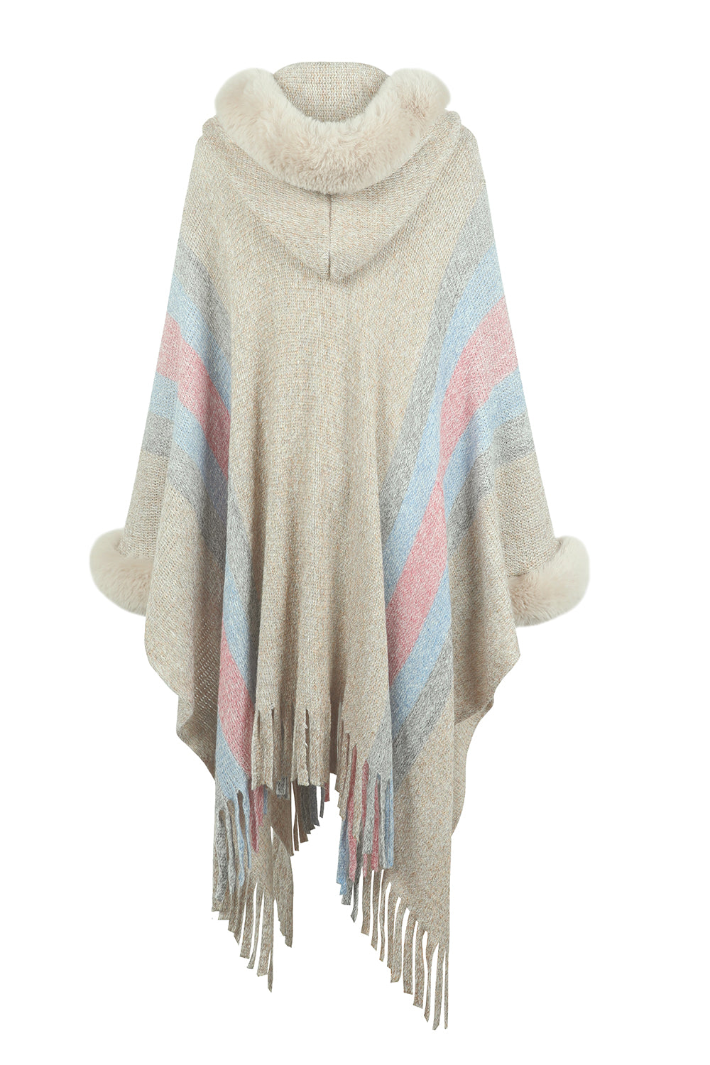 Plush Faux Fur Fringe Hem Retro Oversized Long Knit Hoodie Cardigan Poncho