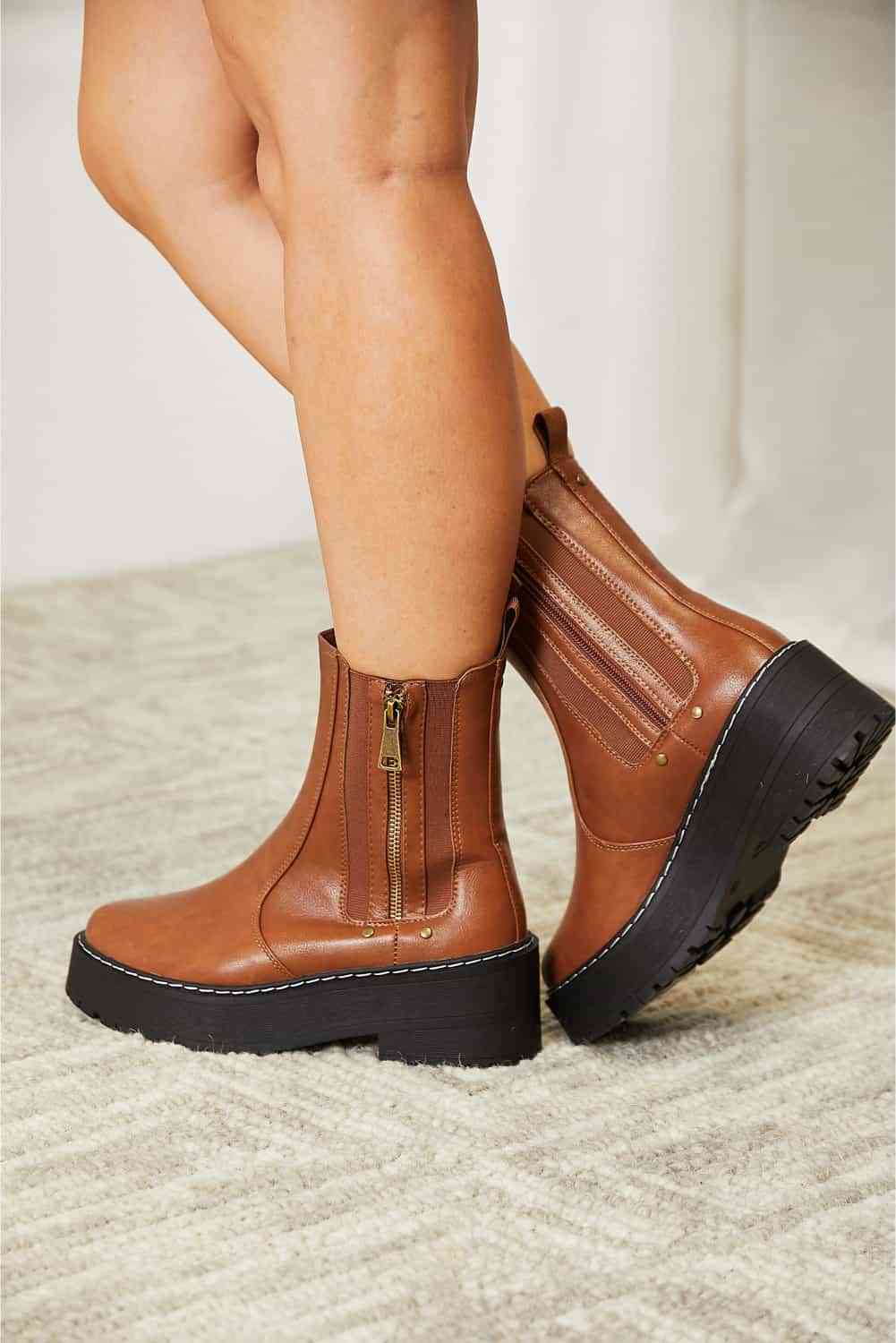 Platform Boots Side Zip Vegan Leather Round Toe Moto Shoes Forever Link