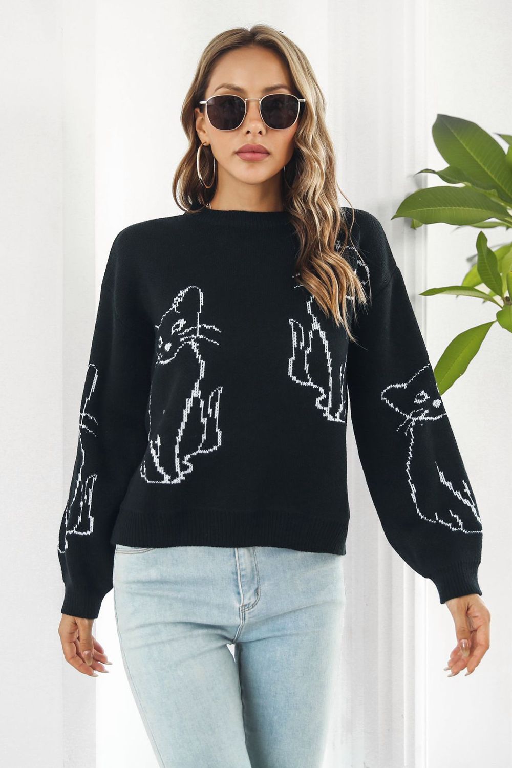 Kitty Cat Knit Round Neck Long Sleeve Pullover Sweater