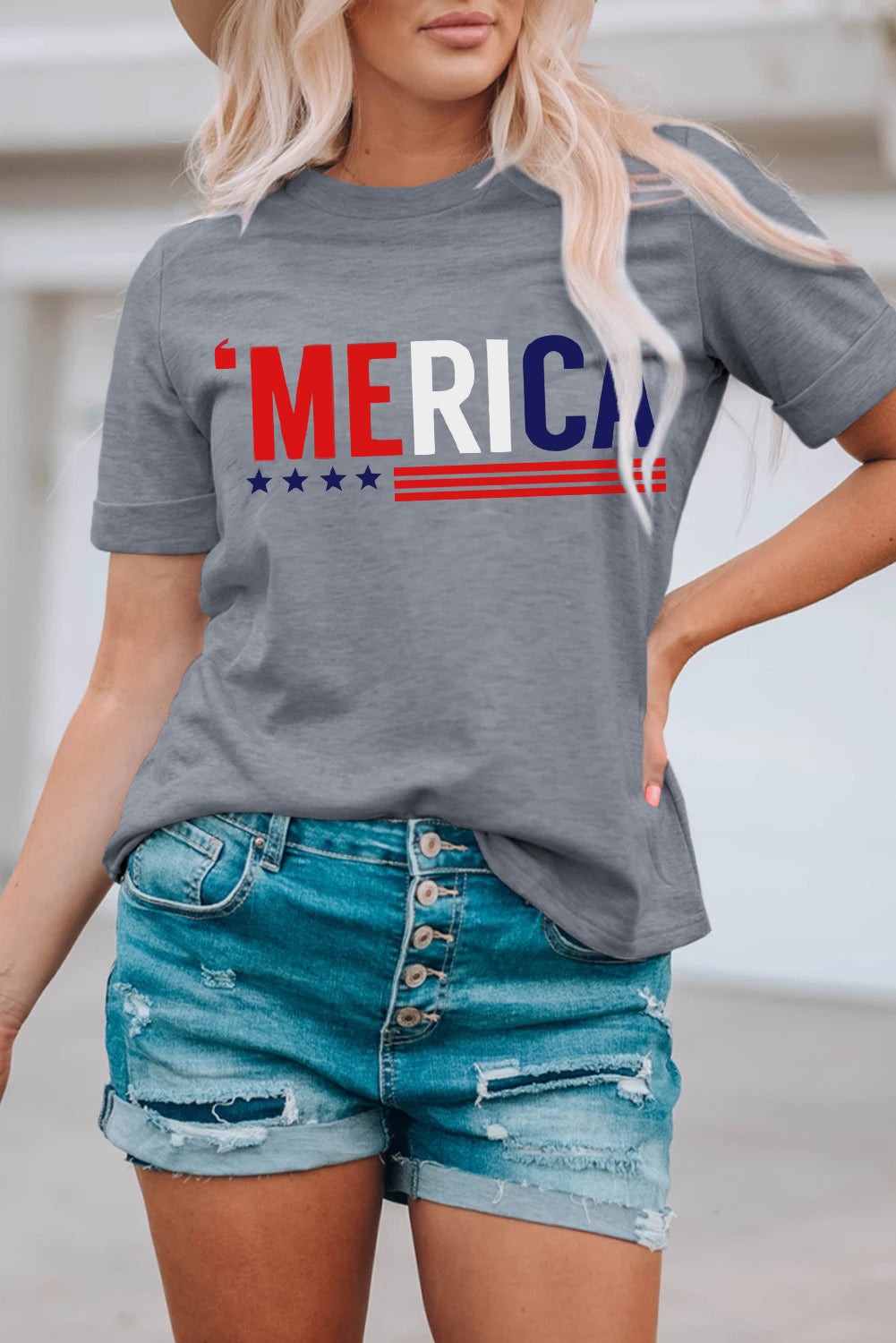 MERICA Letter Graphic American Crewneck Tee Shirt (Plus Size Available)