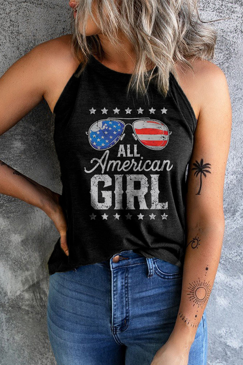 All American Girl Aviator Flag Graphic Shirt Patriotic Sleeveless Tank Top
