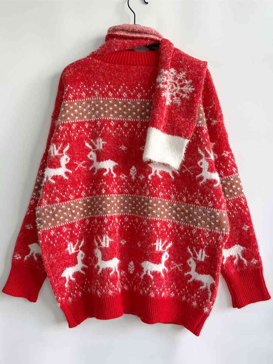 2-Piece Reindeer Fuzzy Soft Knit Sweater Scarf Match Set Holiday Winter Pullover