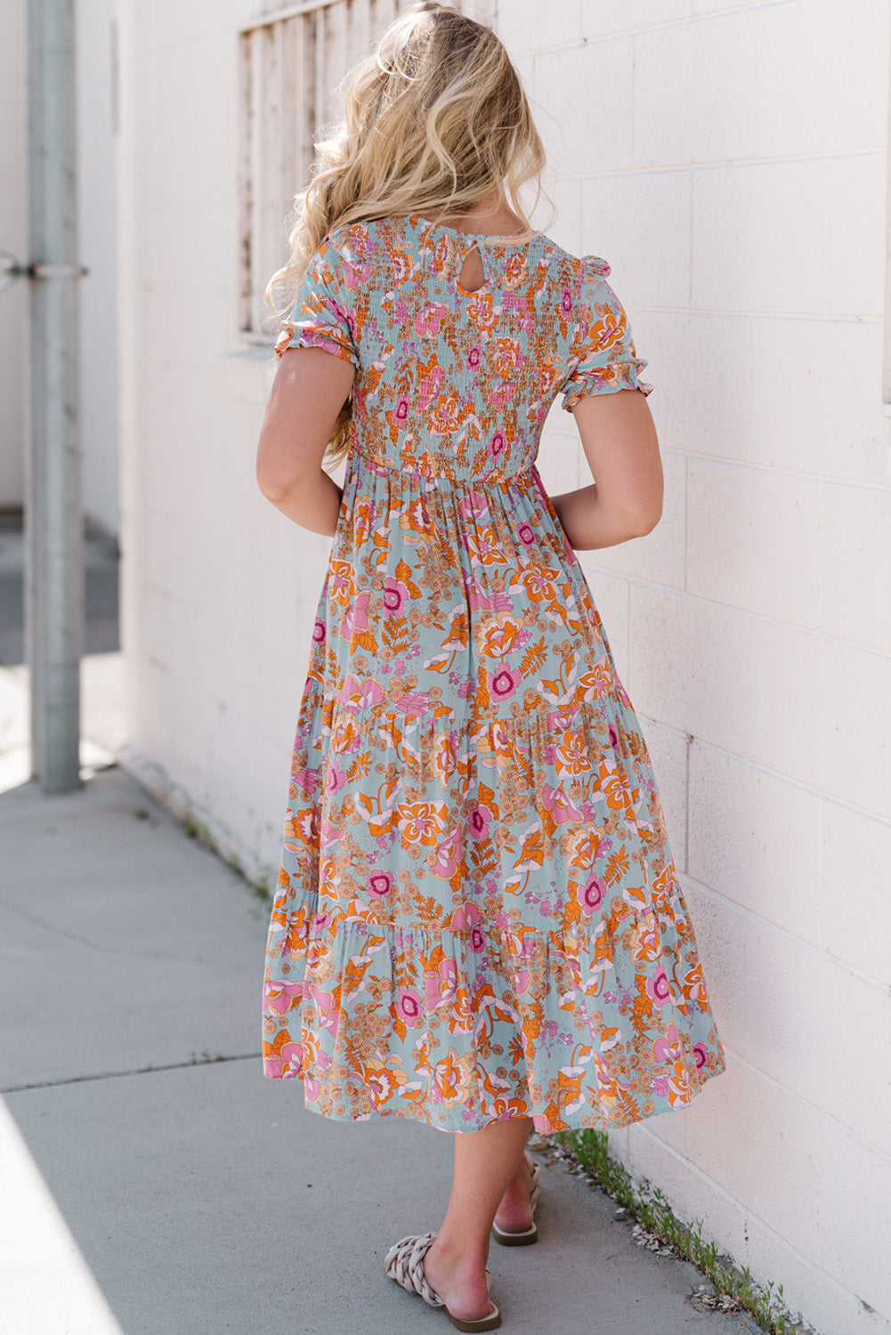 Retro 70s Floral Smock Bodice Short Sleeve Modest Midi Dress