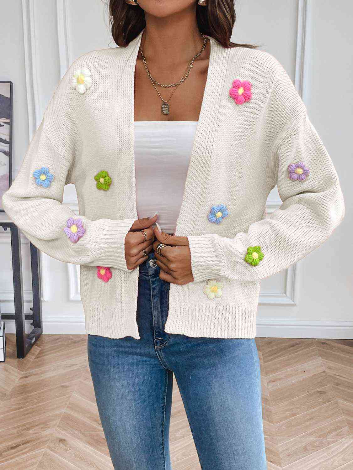 Colorful Crochet Daisy Flower Long Sleeve Open Front Waffle Knit Cardigan Sweater