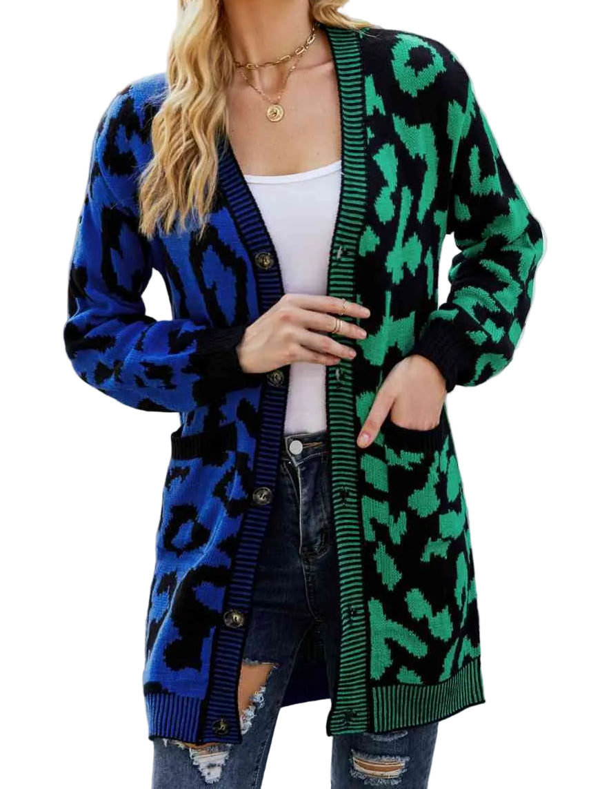 Colorblock Leopard Print Longline Button Front Long Sleeve Oversized Cardigan