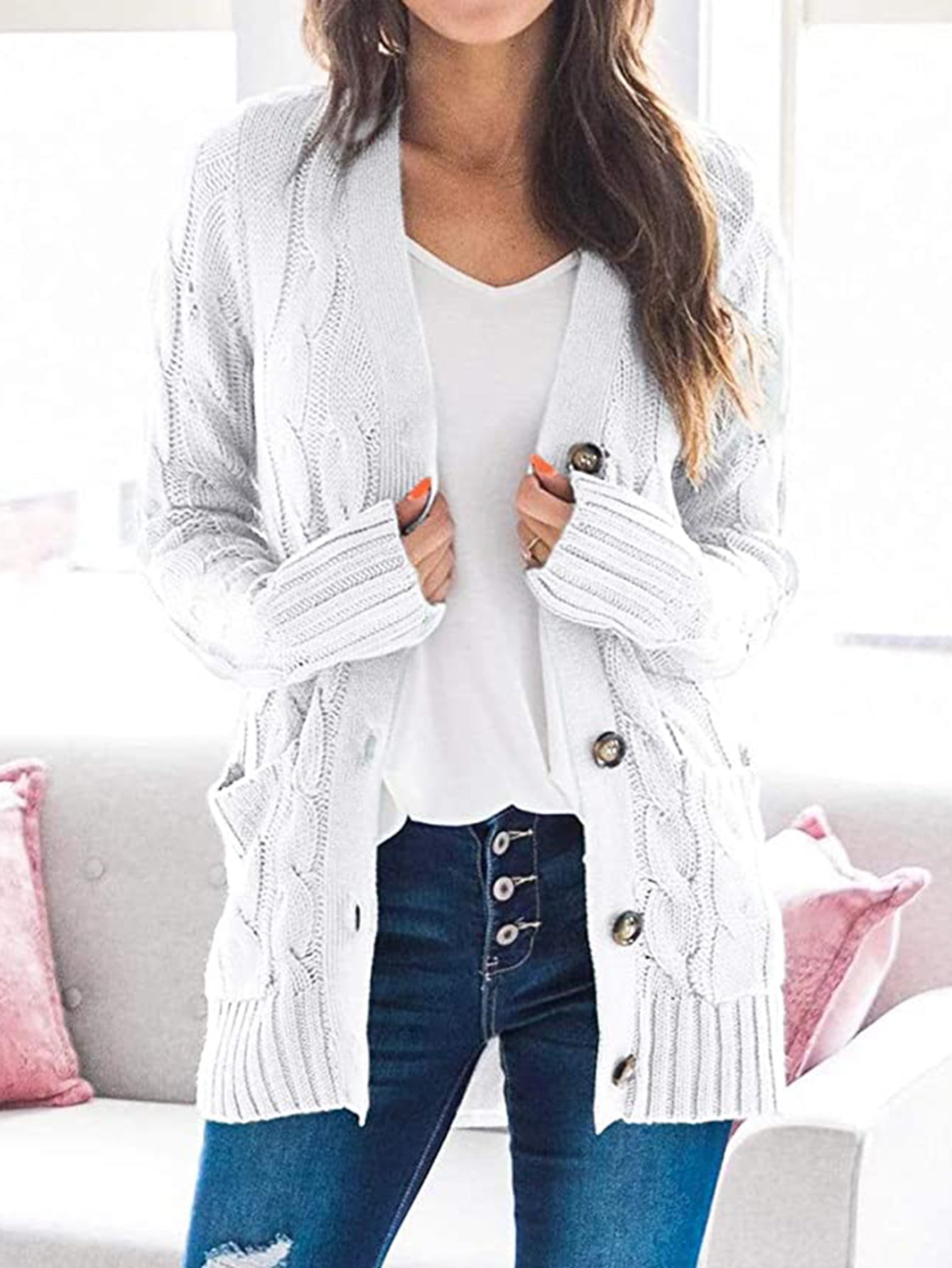 Classic Cable-Knit Buttoned Oversized Cardigan Patch Pockets