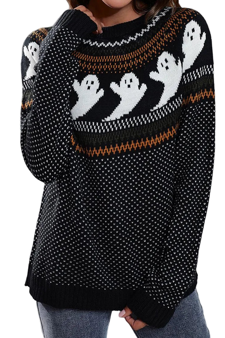 Ghost Fair Isle Nordic Crew Neck Top Long Sleeve Halloween Pullover Knit Sweater