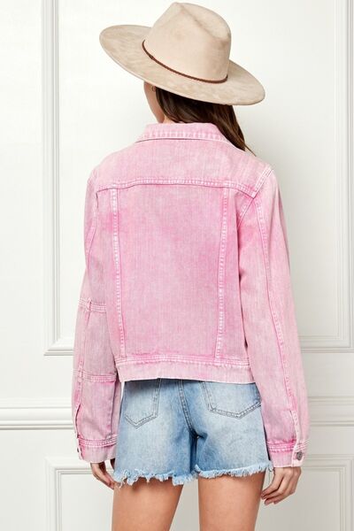 Classic Cropped Faded Pink Jean Denim Jacket Button Up Cotton Veveret