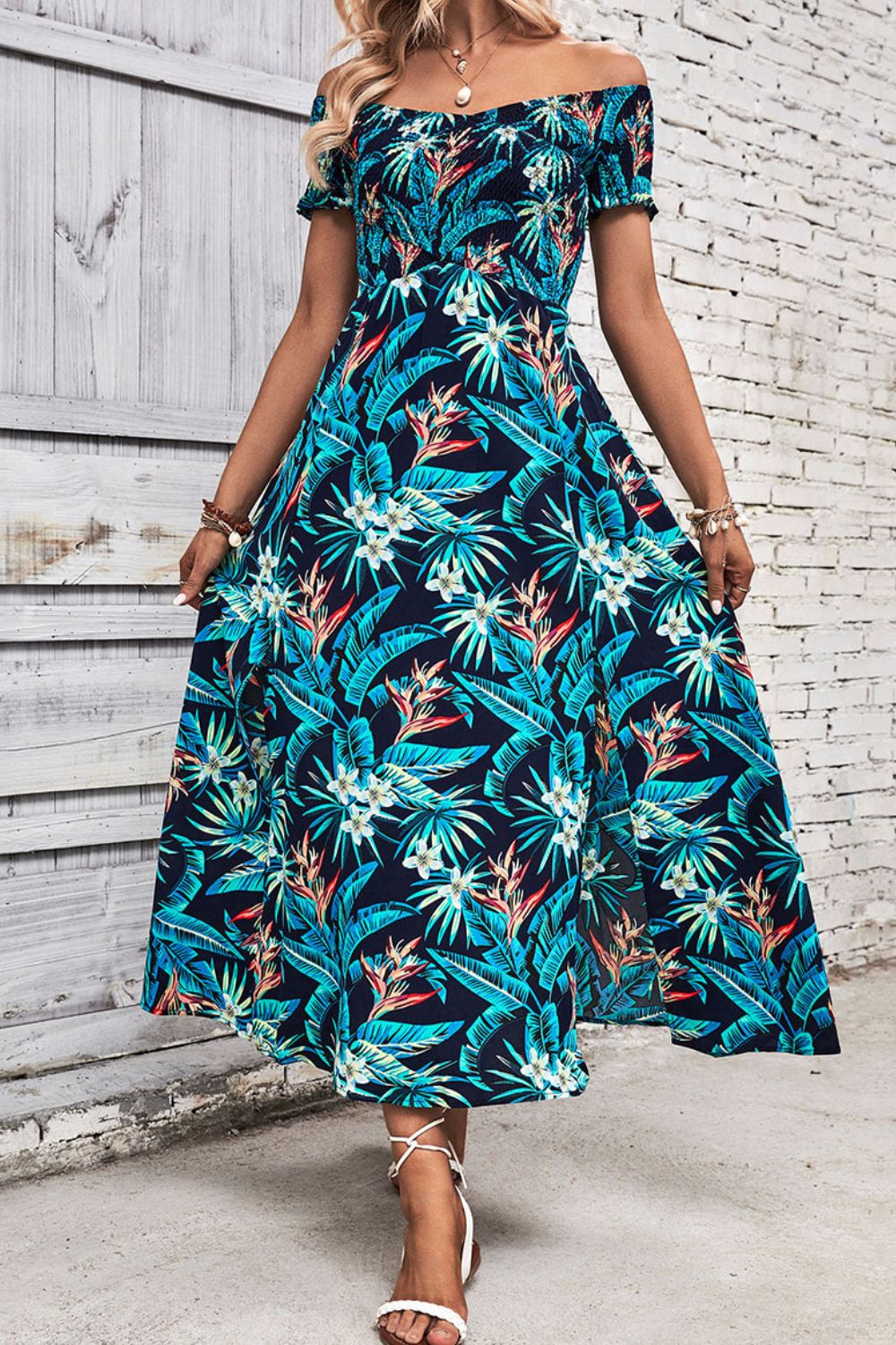 Luxury On A Dime Tropical Floral Off Shoulder Smocked Bodice Summer Maxi Dress Floral S