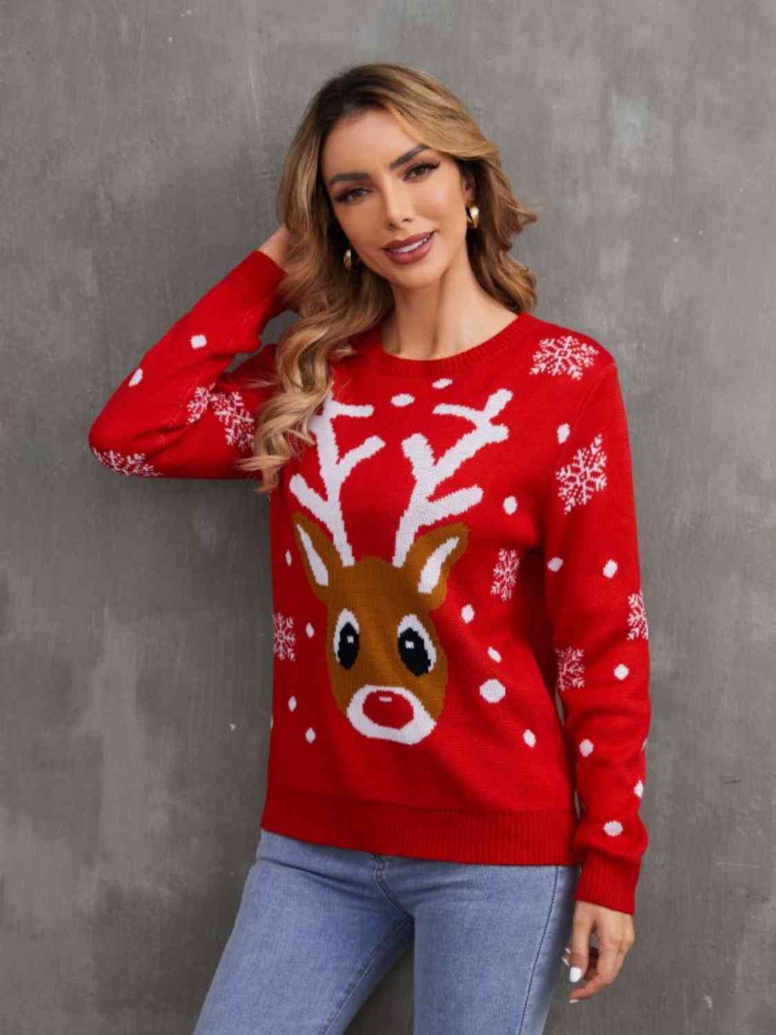 Rudolph Reindeer Round Neck Winter Holiday Long Sleeve Christmas Knit Sweater