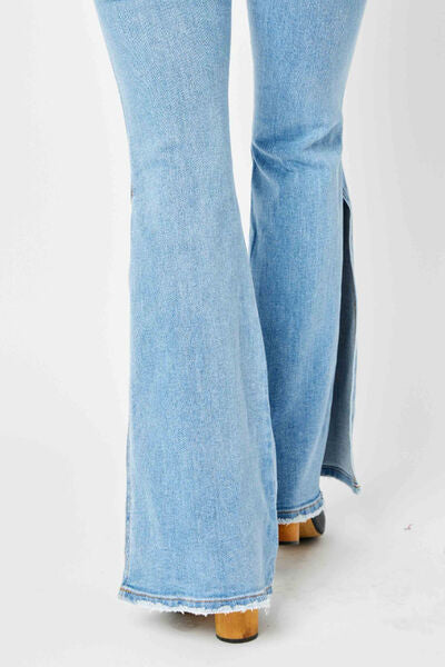 Retro Mid-rise Split Bell Bottom Flare Leg Raw Hem Skinny Judy Blue Jean Pants