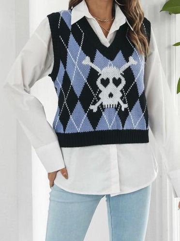 Heart Eye Skull Bone Argyle V-Neck Sleeveless Knit Spooky Sweater Vest