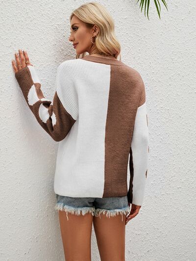 Heart Rib Knit Contrasting Classic Round Neck Pullover Long Sleeve Sweater