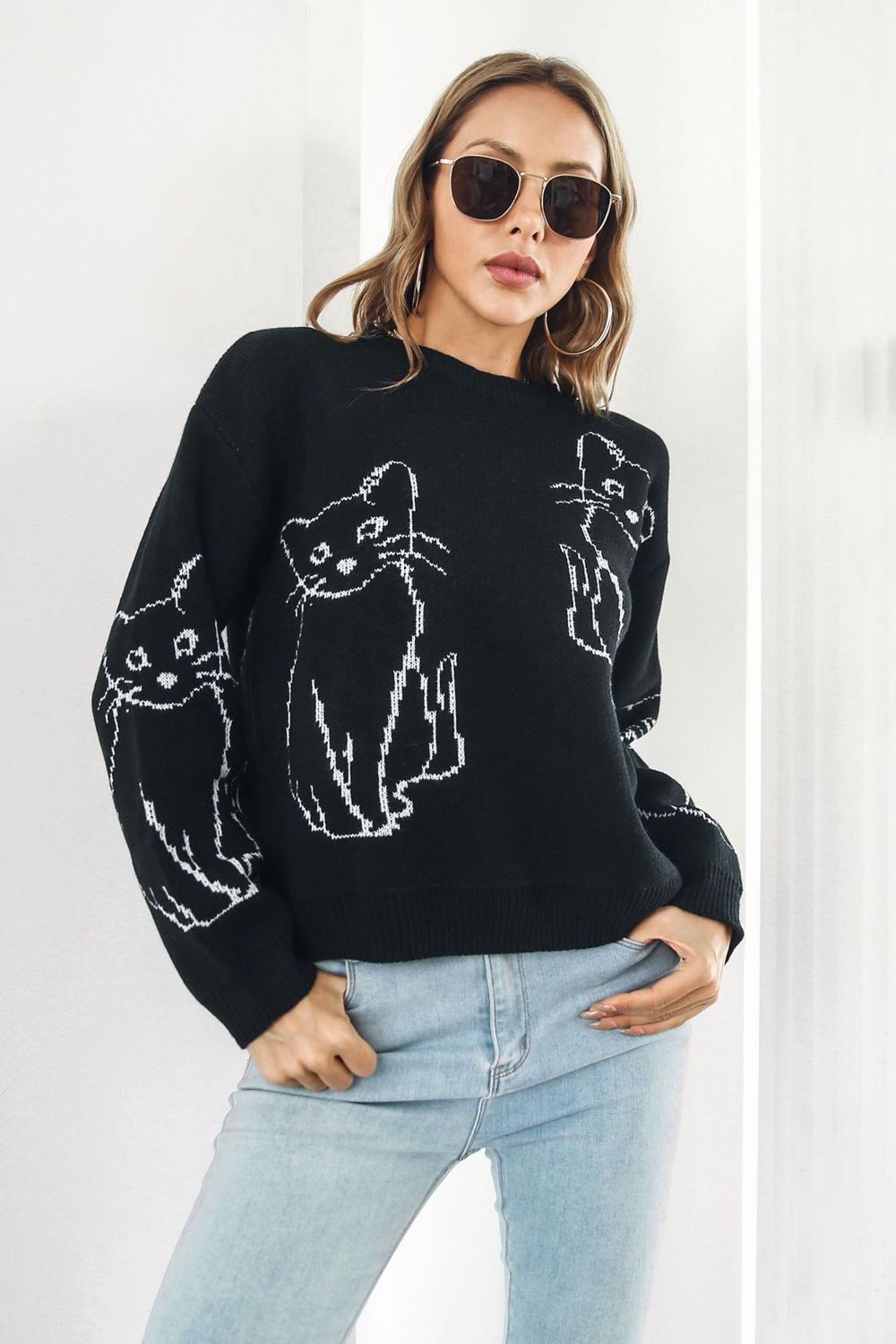 Kitty Cat Knit Round Neck Long Sleeve Pullover Sweater