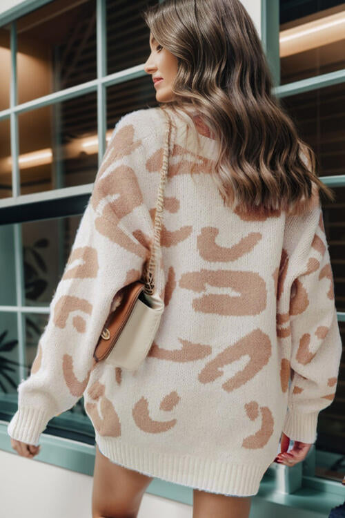 Oversized Leopard Knit Button Front Long Sleeve Pocket Sweater Cardigan
