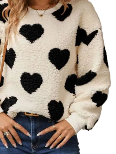 Fuzzy Teddy Sherpa Contrast Heart Crew Neck Top Long Sleeve Pullover Sweatshirt