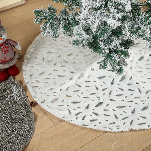 Feather Print Christmas Tree Skirt White Metallic Gold or Silver 47.4"
