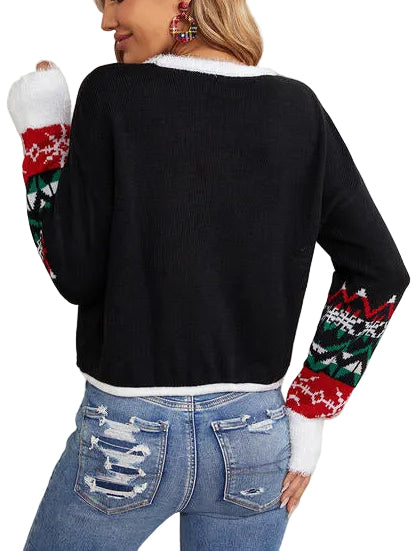 Sequin Christmas Angry Kitty Cat Drawstring Hem Long Sleeve Sweater