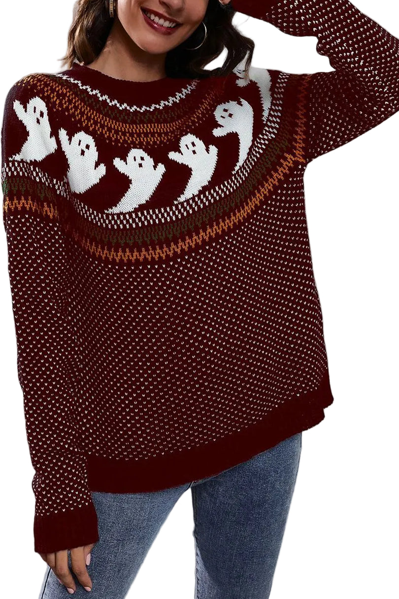 Ghost Fair Isle Nordic Crew Neck Top Long Sleeve Halloween Pullover Knit Sweater