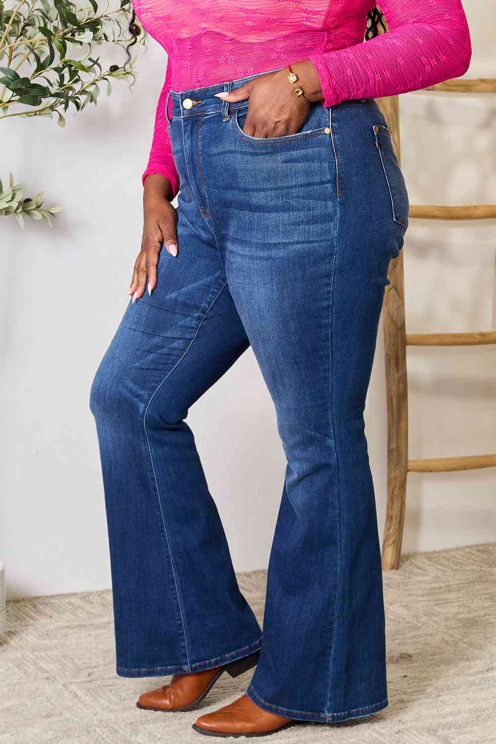 High-Rise Denim Retro Flare Leg Wide Hem Dark Wash Jeans Judy Blue Pants