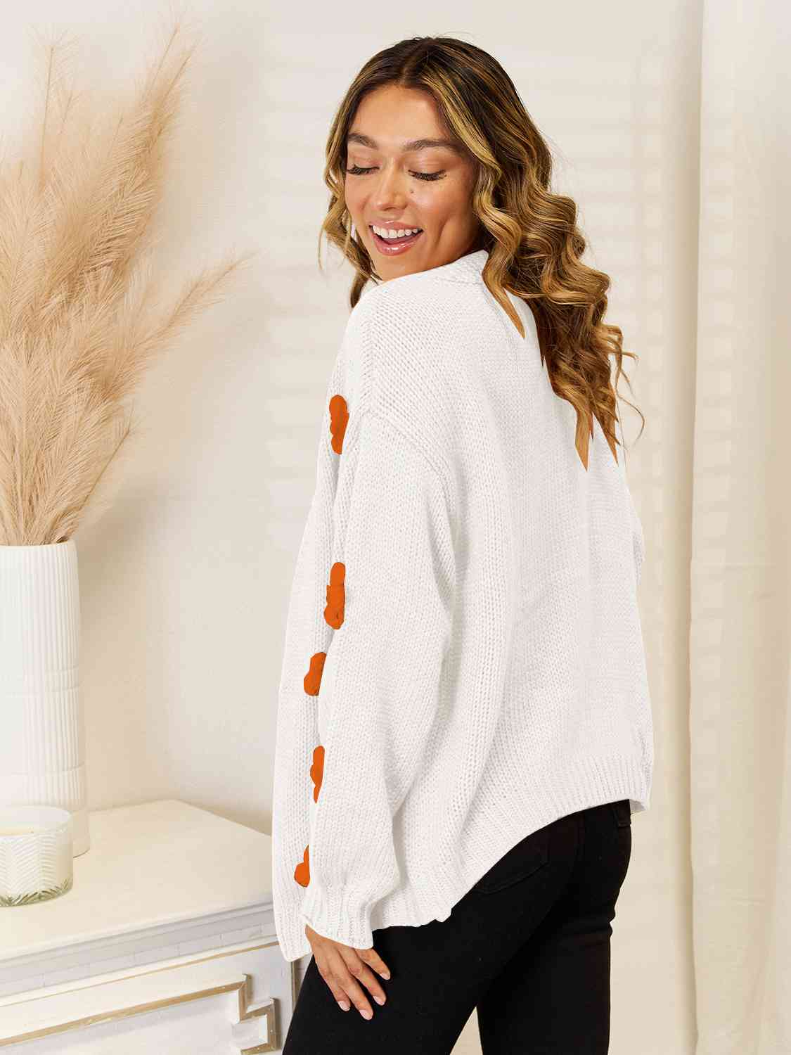 Contrasting 3D Crochet Flower Long Sleeve Open Front Oversized Knit Cardigan