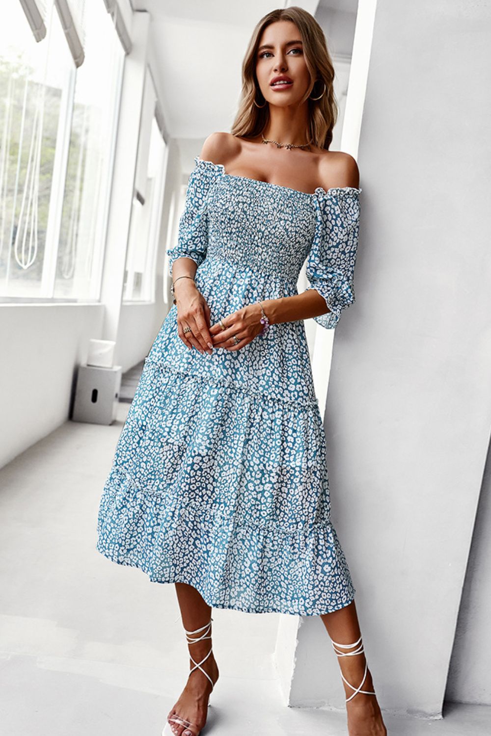 Pastel Ditsy Floral Midi Off-Shoulder Smocked Dress