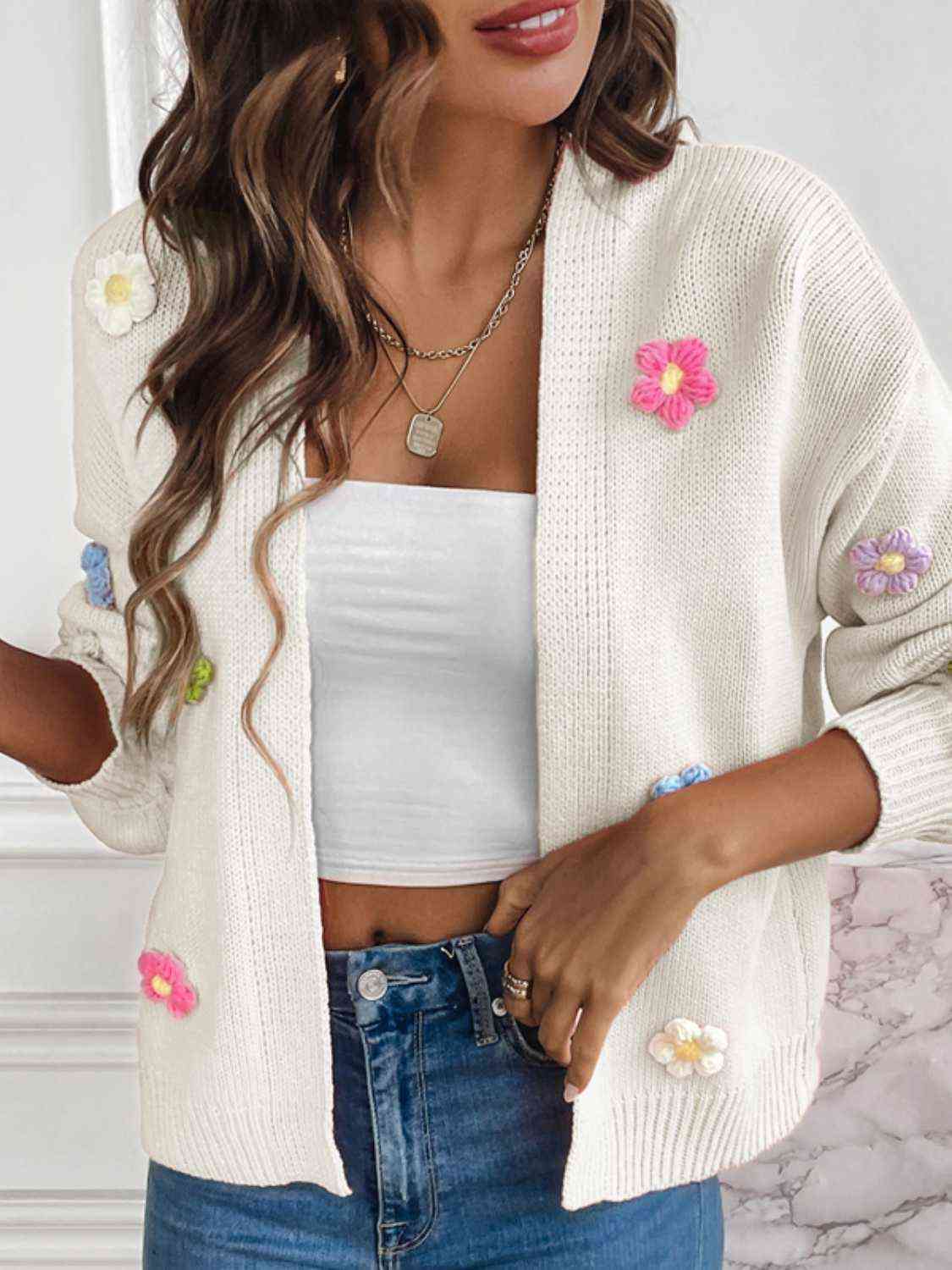 Colorful Crochet Daisy Flower Long Sleeve Open Front Waffle Knit Cardigan Sweater