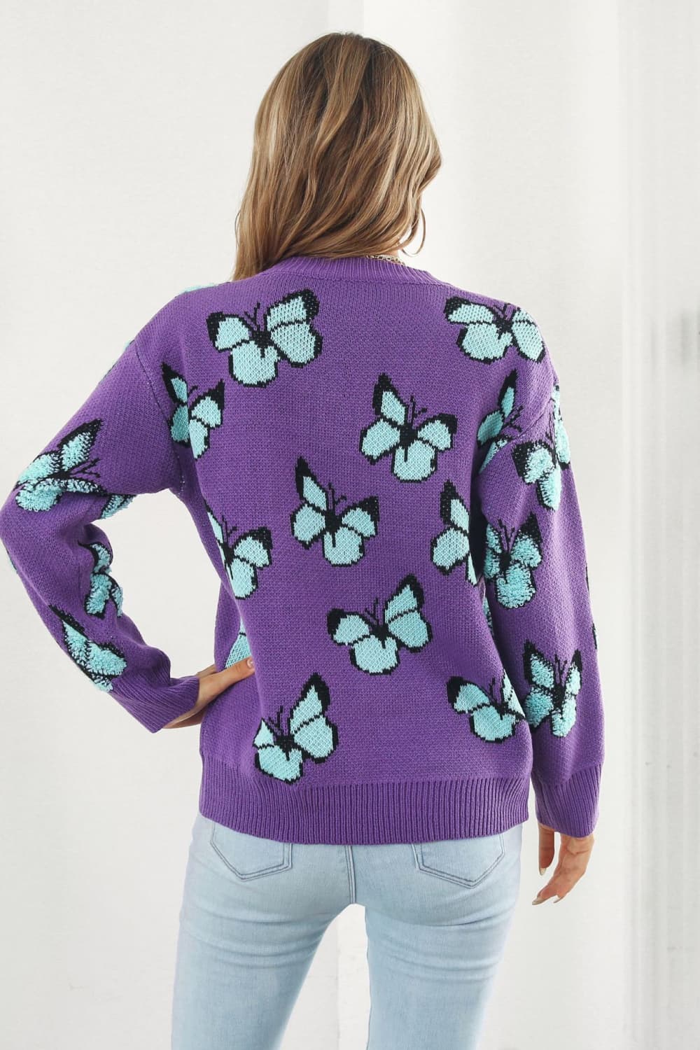 Fuzzy Monarch Butterfly Raised Shag Bold Colors Knit Pullover Sweater Shirt