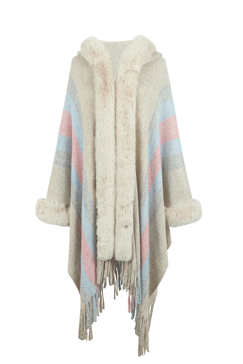 Plush Faux Fur Fringe Hem Retro Oversized Long Knit Hoodie Cardigan Poncho