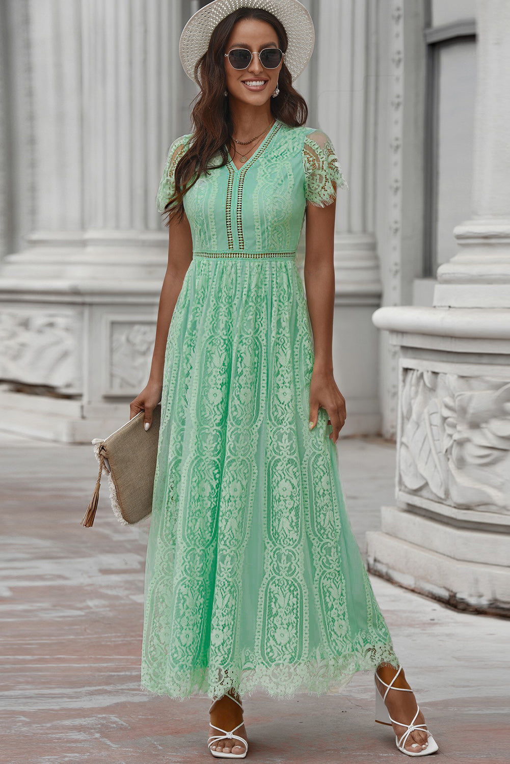 Elegant LACE V-Neck Short-sleeve Maxi Dress (Plus Size Available)