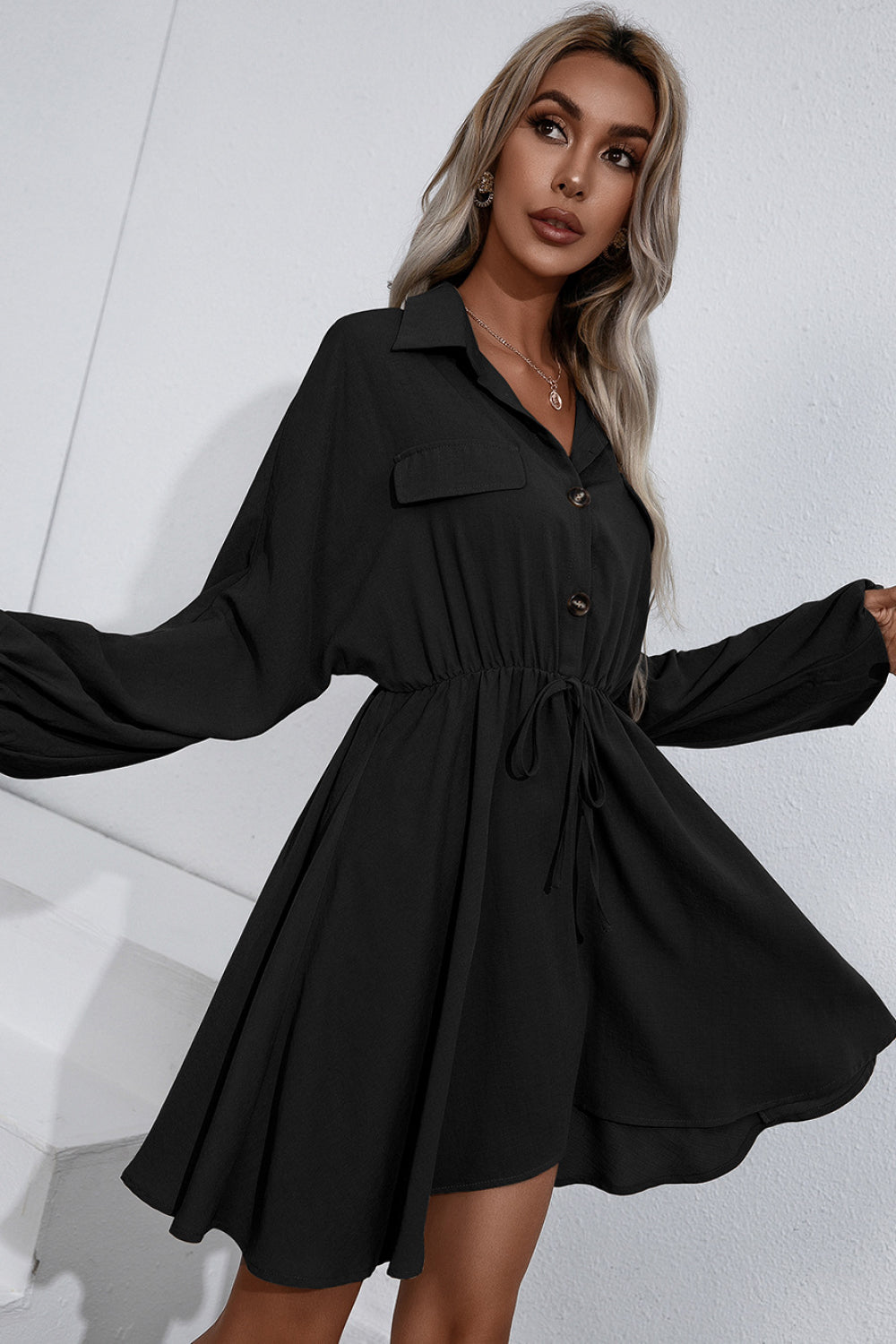 Oversized Button Front Collared Long Sleeve Shirt Dress
(4 Colors Available)