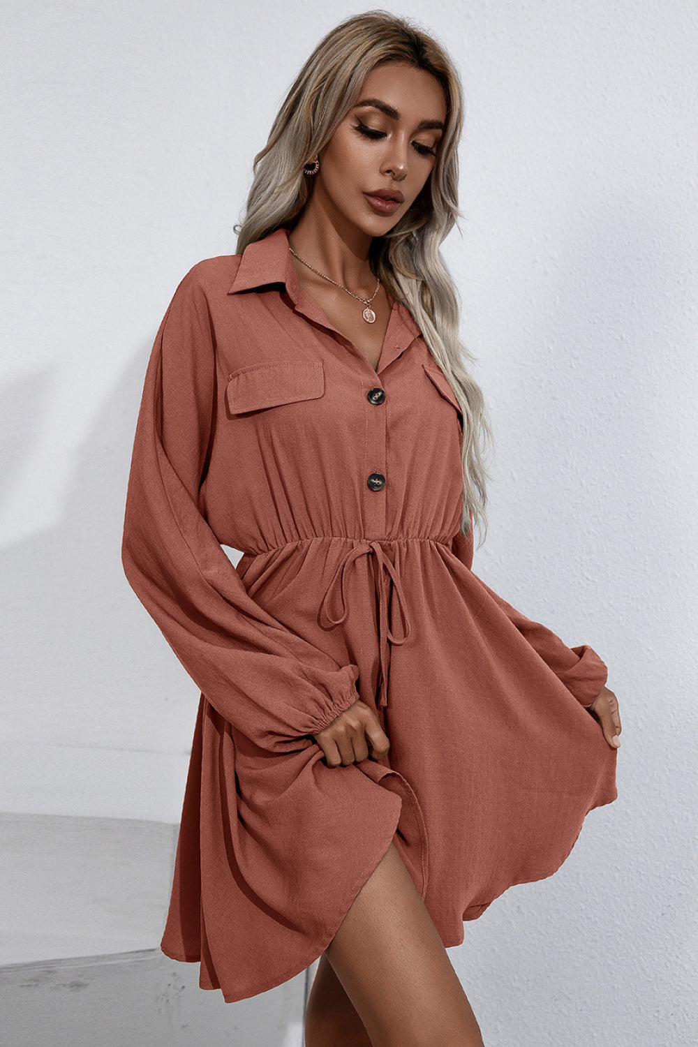 Oversized Button Front Collared Long Sleeve Shirt Dress
(4 Colors Available)