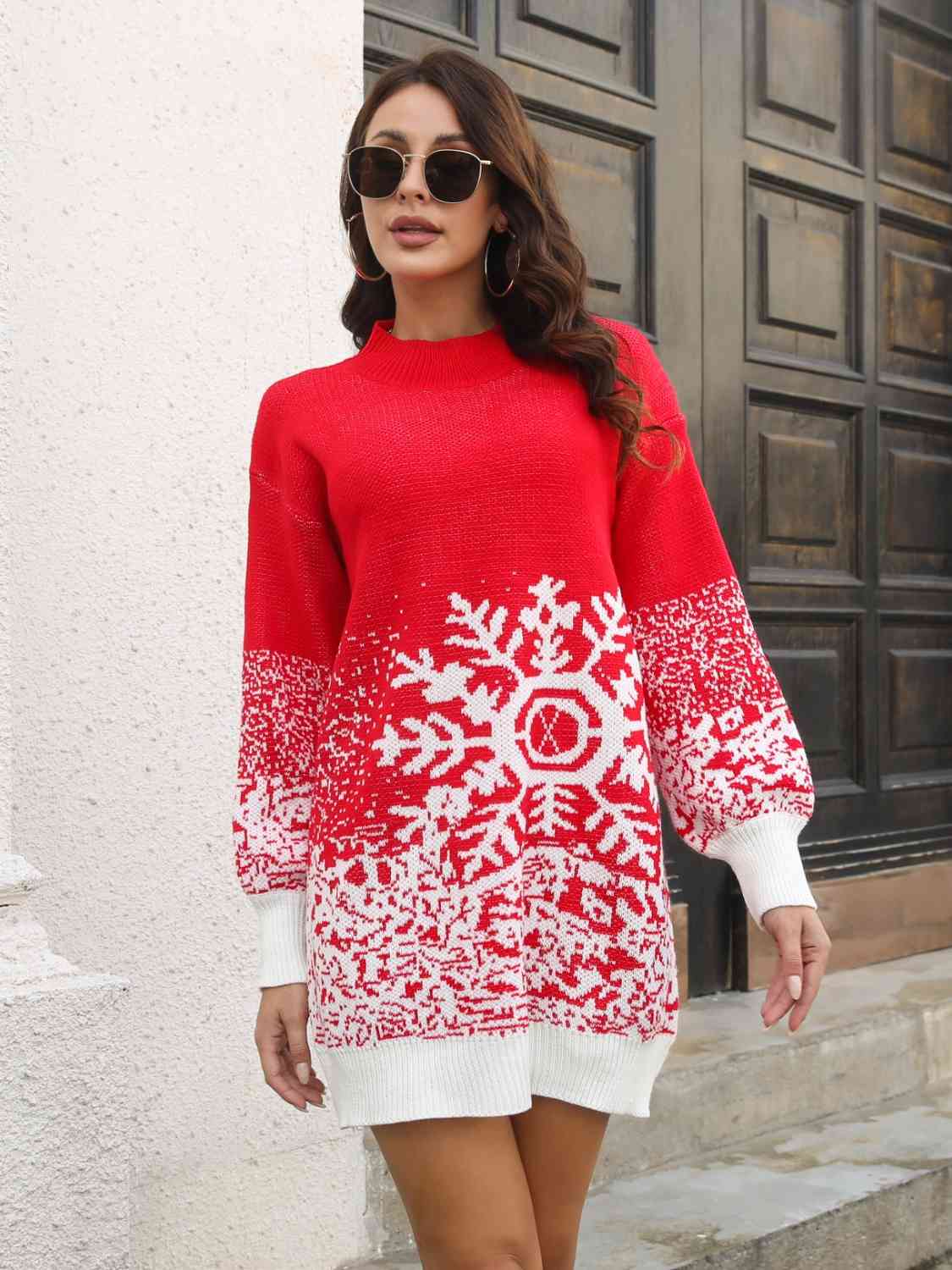 Contrasting Color Snowflake Classic Knit Long Sleeve Mini Sweater Dress