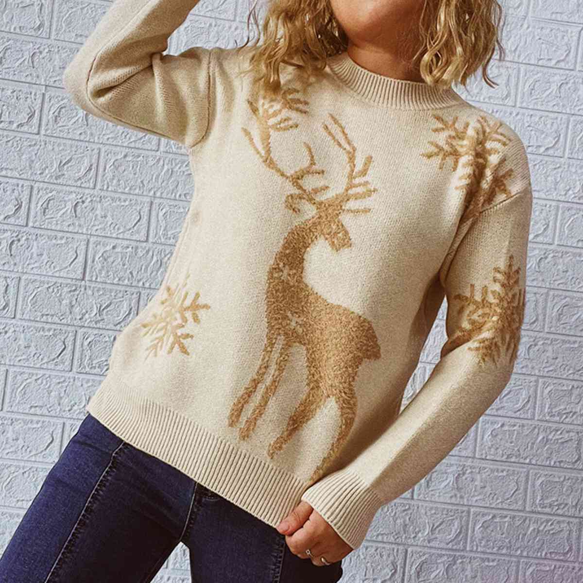 Fuzzy Reindeer Snowflake Knit Round Neck Winter Soft Print Sweater