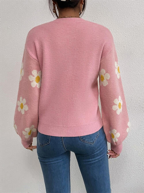 Daisy Retro Flower Knit Pullover Classic Long Lantern Sleeve Sweater Shirt
