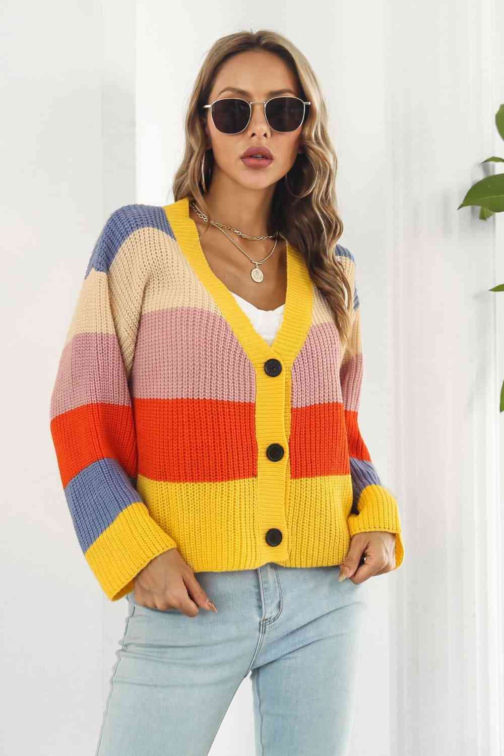Cropped Color Block Waffle Knit Button Front Retro Long Sleeve Cardigan Sweater