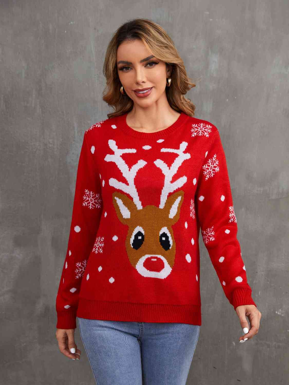 Rudolph Reindeer Round Neck Winter Holiday Long Sleeve Christmas Knit Sweater