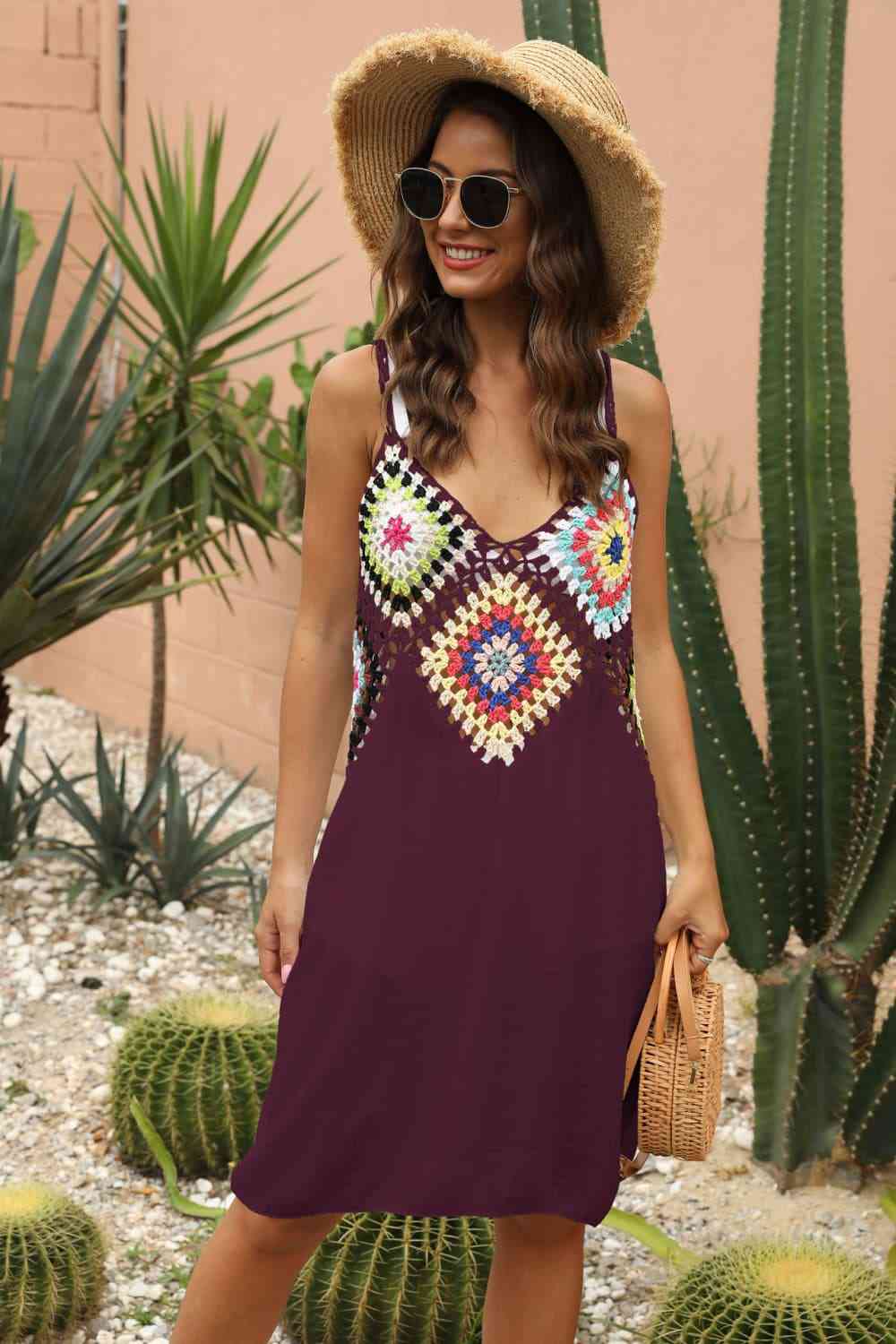 Granny Square Crochet Openwork Retro Swimwear Cover-Up Sleeveless Mini Dress