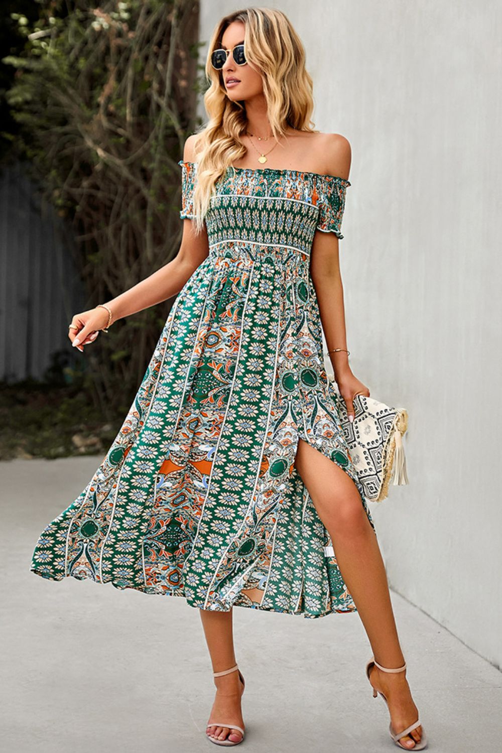 Bohemian Retro 70s Floral Smock Chest Off-Shoulder Midi Summer Dress