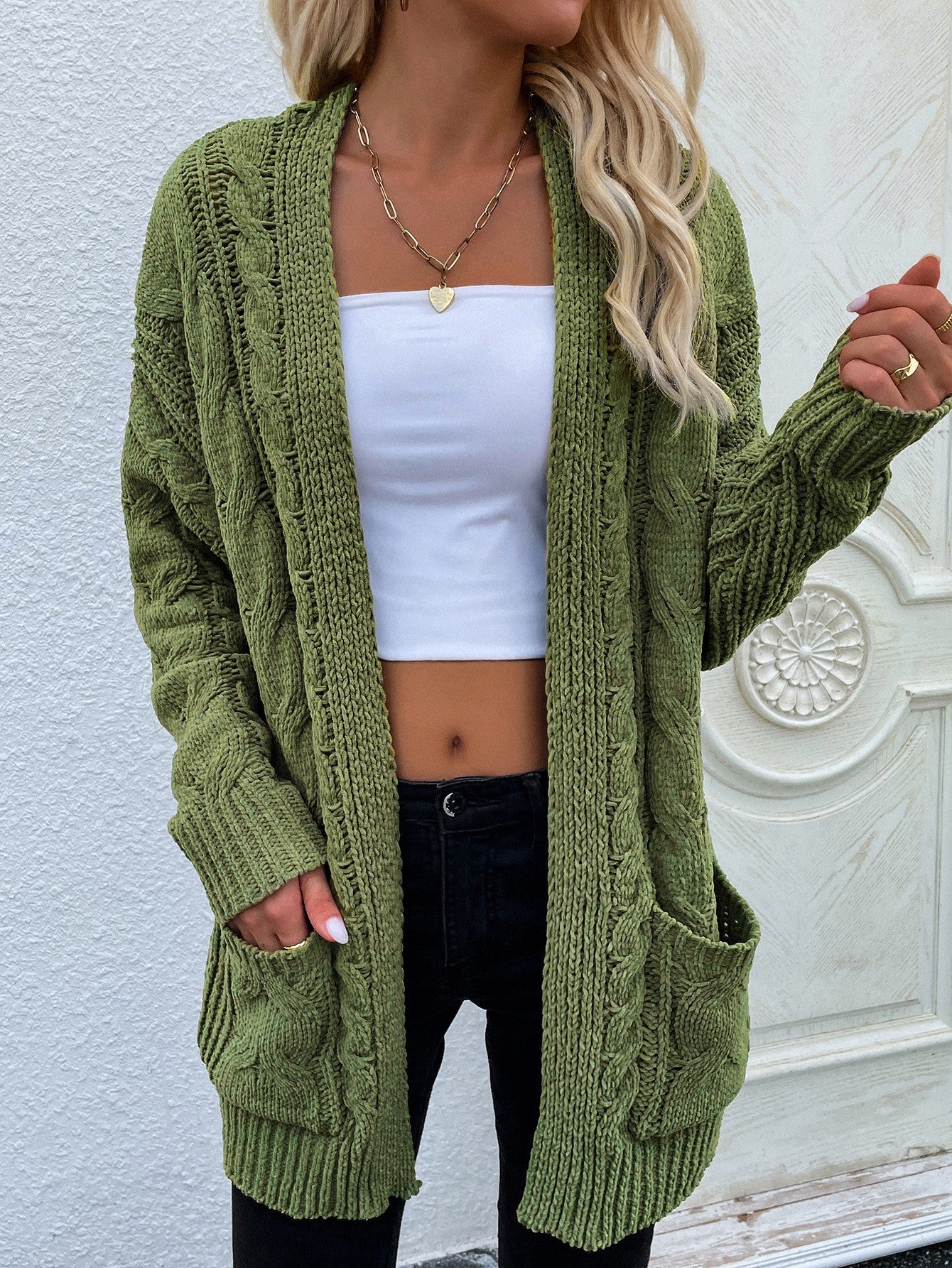 Cable-Knit Long Classic Open Front Pocket Fall Winter Boho Cardigan