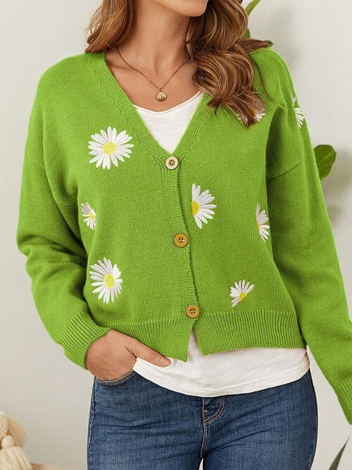 Floral Embroidered Cropped Classic Knit Button Front Retro Long Sleeve Soft Cardigan