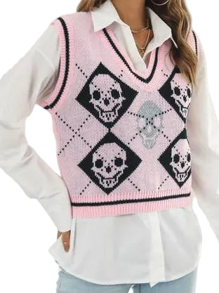Skull Argyle V-Neck Boxy Knit Sweater Vest Contrast Stripe Sleeveless Pullover Top