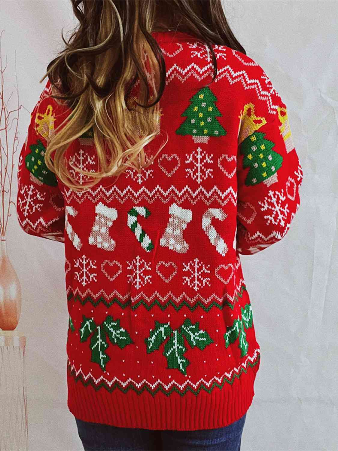 Festive Knit Santa Candy Canes Trees Round Neck Holiday Sweater Top