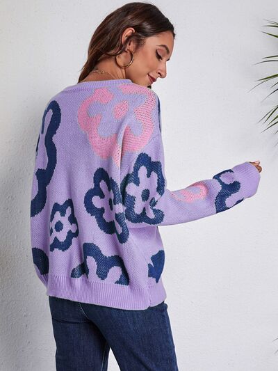 Funky Flower Knit Pullover Hippie Retro Daisy Long Sleeve Colorful Sweater Shirt