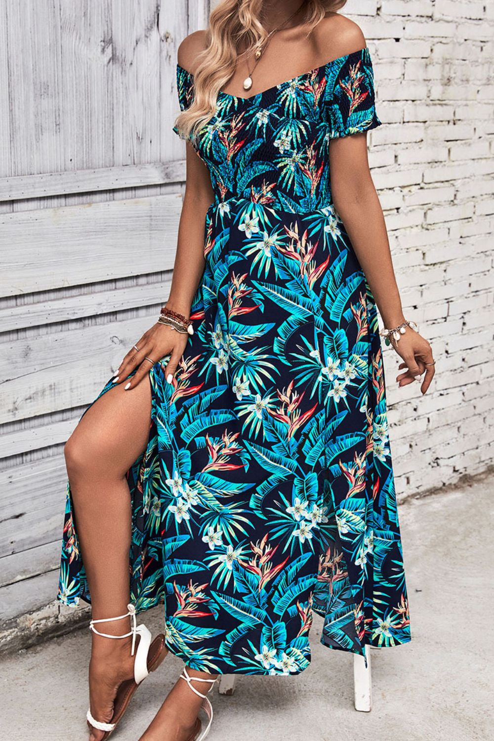 Tropical Floral Off-Shoulder Smocked Bodice Summer Maxi Dress
